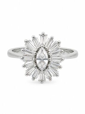 Marquise Sunburst Statement Ring in White Tone. New B925 Size: 7